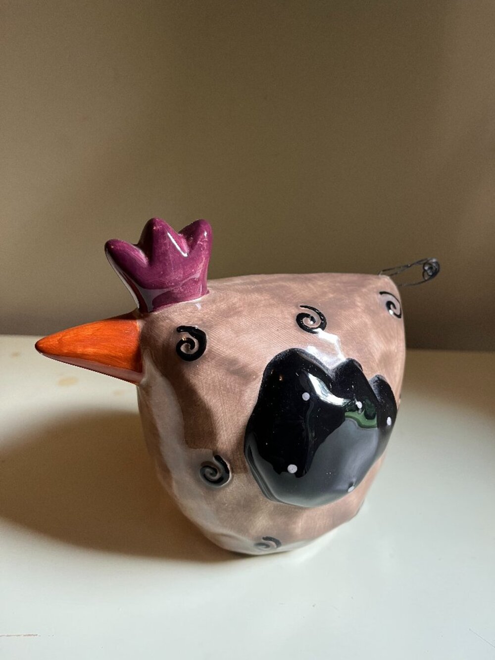 Ceramic Rooster Brown Black Adorable Metal Tail by b2@ Gifts